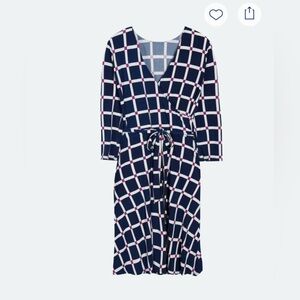 Leota Blue and White Windowpane Print Faux Wrap Dress